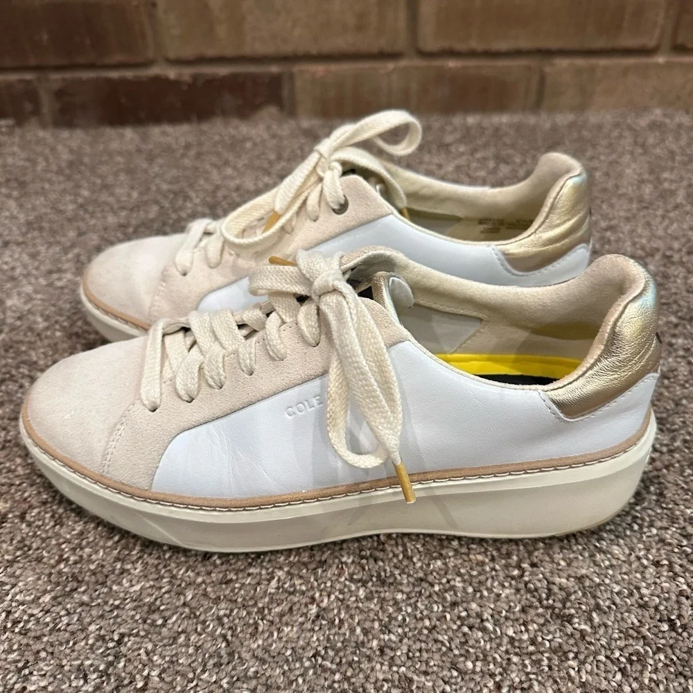 Cole Haan GrandPrø Topspin Sneakers White Leather & Suede Gold Accents Size 6.5